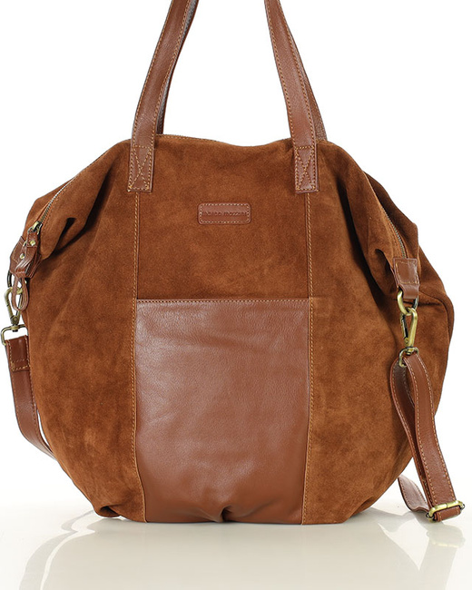 Torba skórzana zamszowa shopper z kieszeniami - It bag MARCO MAZZINI brązowy