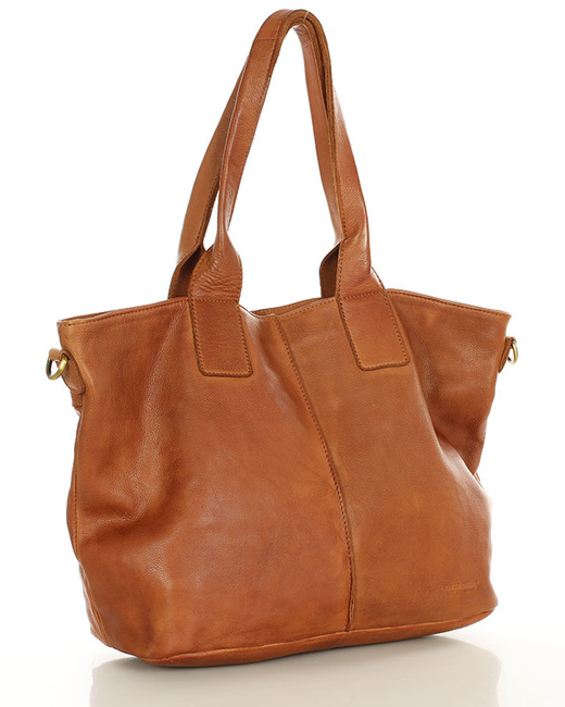 Torebka skórzana na ramię shopper na długich rączkach - MARCO MAZZINI brąz camel