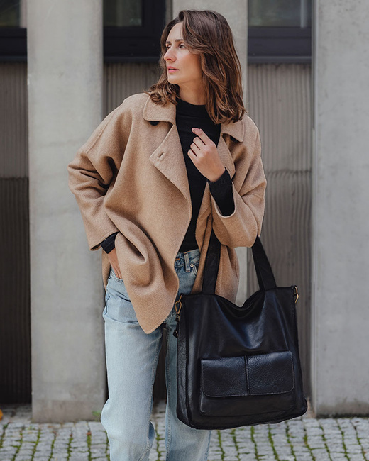 Torebka damska shopper A4 skóra naturalna - MARCO MAZZINI czarna