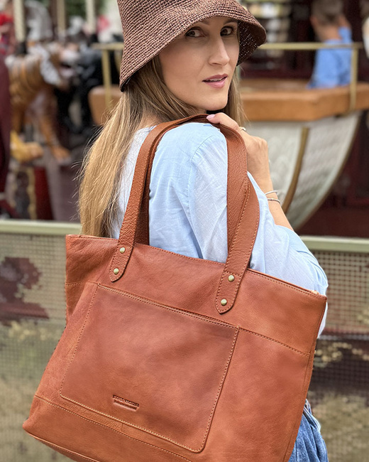 Torebka skórzana shopper damski z przegródkami - MARCO MAZZINI camelowy brąz