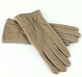 Rękawiczki damskie skóra eco  - marszczone beżowe