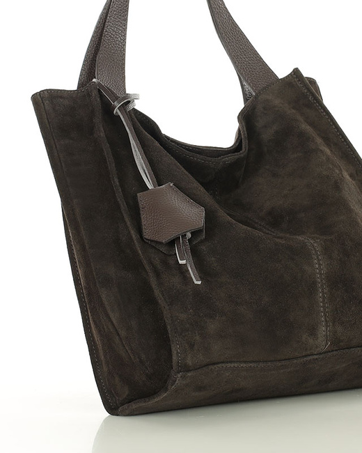 Ciemnobrązowa torba zamszowa ze skóry typu shopper - MARCO MAZZINI