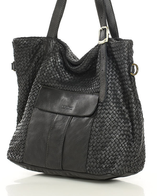 Duża torebka pleciona na ramię shopperka skórzana - MARCO MAZZINI czarna