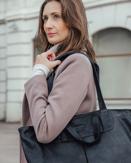 Duża torba shopper skórzana podwójne rączki - MARCO MAZZINI czarna