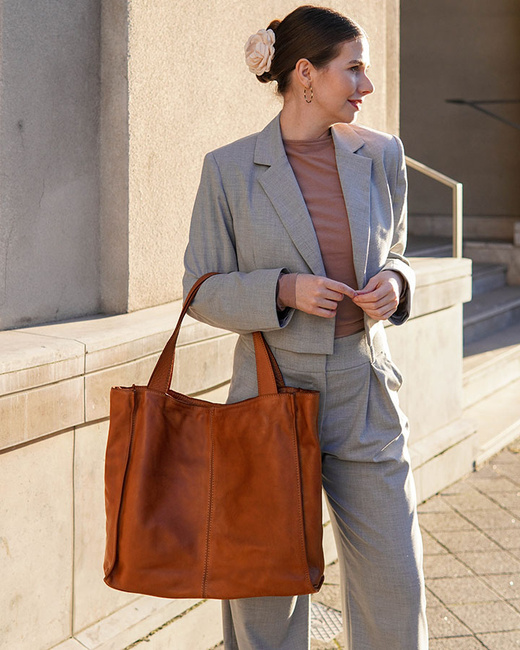 Duża skórzana torebka shopper na ramię – MARCO MAZZINI brązowa camel, idealna na miasto