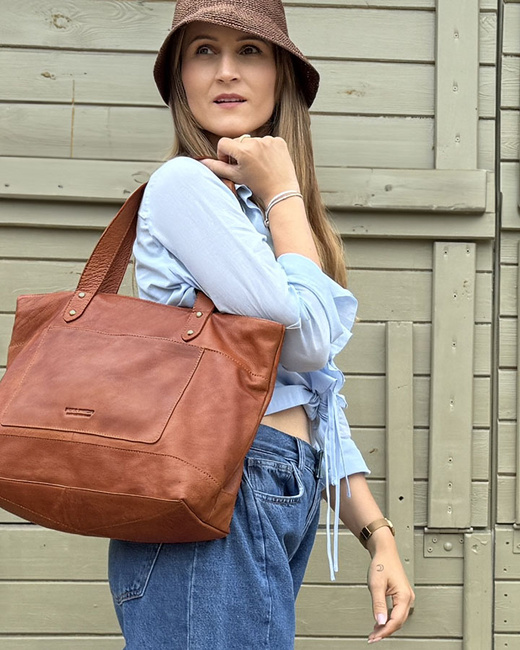 Torebka skórzana shopper damski z przegródkami - MARCO MAZZINI camelowy brąz