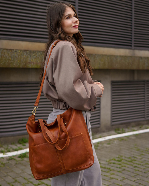 Torebka skórzana brązowa camelowa duża typu shopper - MARCO MAZZINI