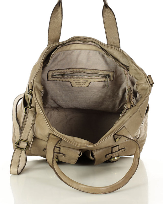 Torba skórzana shopper XL na ramię z dwoma kieszeniami MARCO MAZZINI beżowa