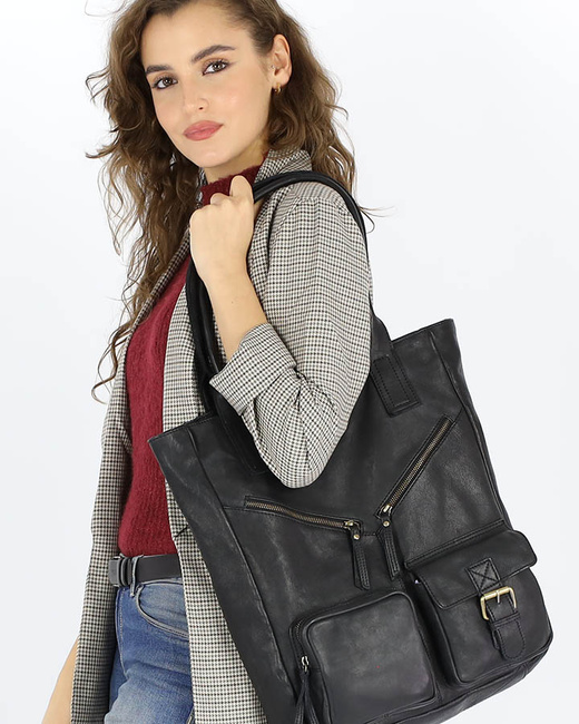 Duża torba shopper z przegródkami skóra naturalna - MARCO MAZZINI czarny