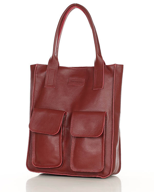 Torebka skórzany shopper bag z kieszeniami - MARCO MAZZINI ciemny czerwony