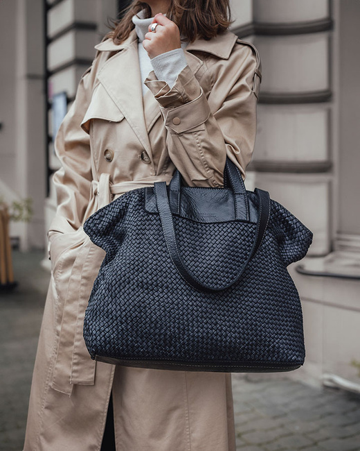 Torba damska pleciona shopper & shoulder leather bag - MARCO MAZZINI czarna