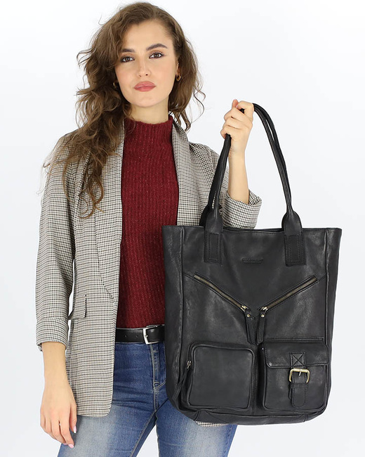 Duża torba shopper z przegródkami skóra naturalna - MARCO MAZZINI czarny