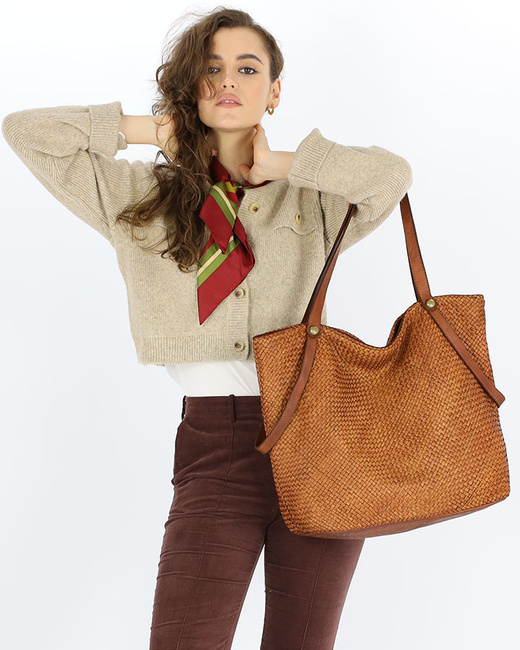 Duża torebka pleciona shopperka ze skóry - MARCO MAZZINI camelowa