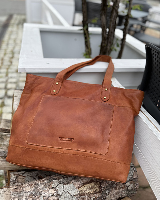 Torebka skórzana shopper damski z przegródkami - MARCO MAZZINI camelowy brąz