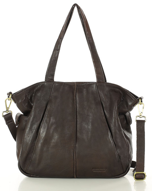 Miękka torebka skórzana shopperka na ramię - MARCO MAZZINI - ciemny brąz