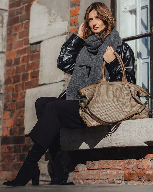 Duża torba shopper z plecionej skóry naturalnej - MARCO MAZZINI beżowa