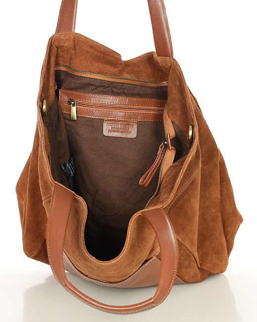 Duża torba zamszowa shopper skórzany z kieszenią - MARCO MAZZINI brązowy