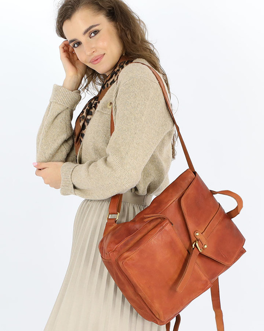 Plecak skórzany damski A4 - MARCO MAZZINI brąz whisky