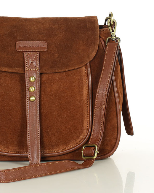 Torebka zamszowa saddle bag skórzana na ramię - MARCO MAZZINI brąz camel