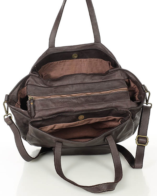 Torebka damska trzykomorowa shopperka skórzana - MARCO MAZZINI ciemny brąz