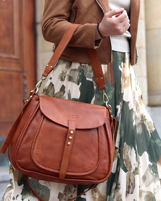 Saddle bag skórzana torebka damska na ramię - MARCO MAZZINI brąz kamelowy