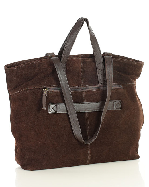 Duża torba zamszowa skórzana podwójne rączki - MARCO MAZZINI ciemny brąz