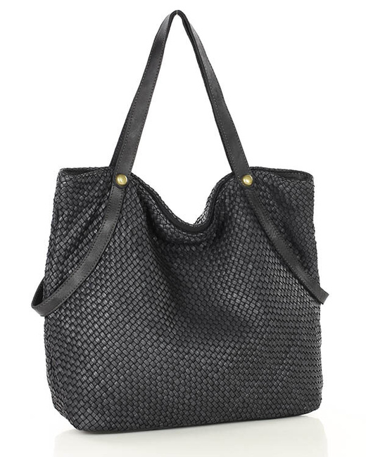 Duża torebka pleciona shopperka ze skóry - MARCO MAZZINI czarna