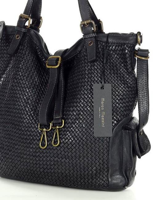 Miejska torebka skórzana z regulowanymi rączkami shopper vintage leather - MARCO MAZZINI czarny