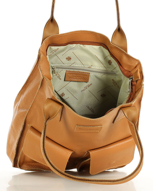 Torebka skórzany shopper bag z kieszeniami - MARCO MAZZINI Ravenna brąz camel
