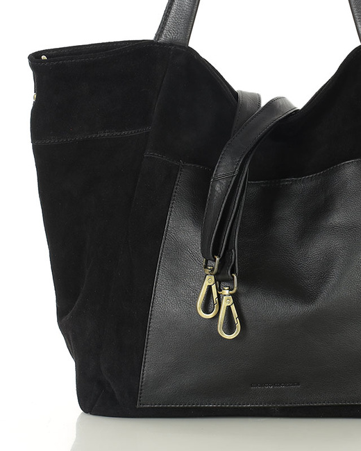 Duża torba zamszowa shopper skórzany z kieszenią - MARCO MAZZINI czarny